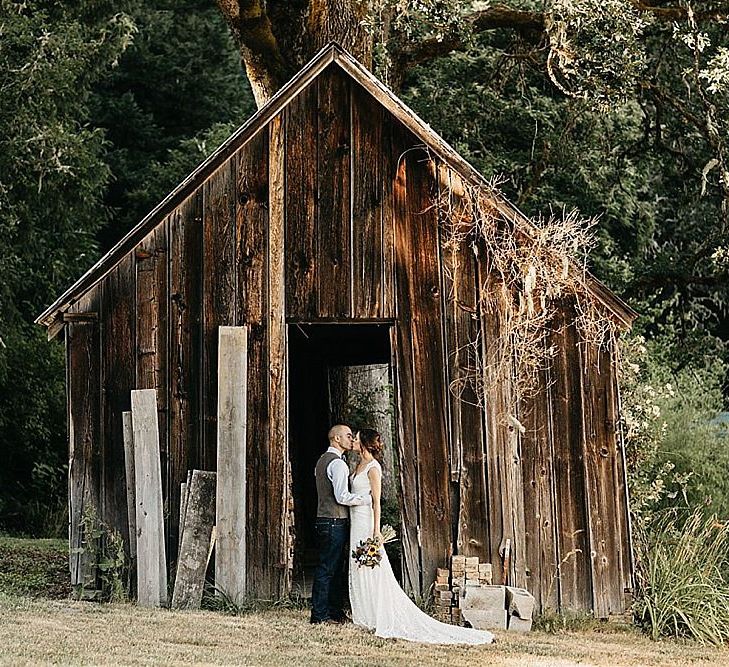 DIY At Home Farm Wedding with Rustic Decor & Wild Flowers | Lace Stella York Wedding Dress | Gloria Byler Photography