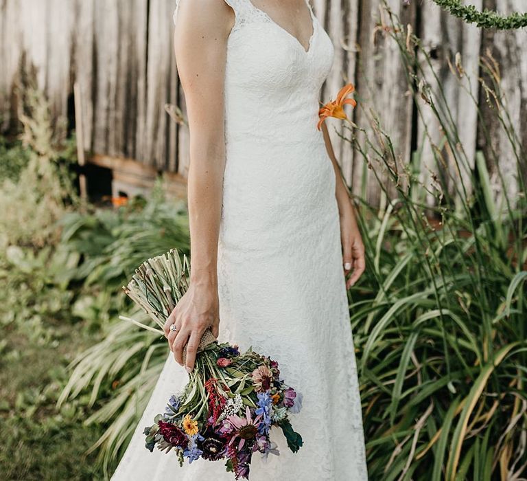 DIY At Home Farm Wedding with Rustic Decor & Wild Flowers | Lace Stella York Wedding Dress | Gloria Byler Photography