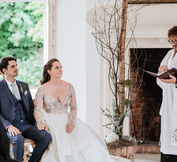 Wedding Ceremony | Bride in Miss Hayley Paige Bridal Gown | Groom in Navy Ted Baker Suit | Natural Wedding at Northbrook Park, Surrey | Green Antlers Photography | Gione Da Silva Film