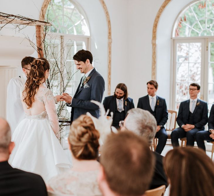 Wedding Ceremony | Bride in Miss Hayley Paige Bridal Gown | Groom in Navy Ted Baker Suit | Natural Wedding at Northbrook Park, Surrey | Green Antlers Photography | Gione Da Silva Film