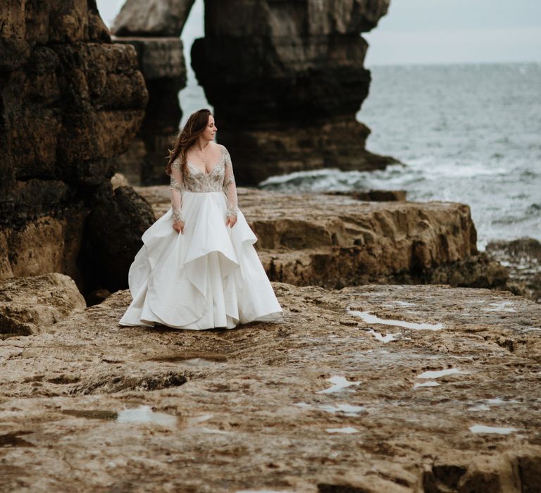 After Wedding Portraits at Portland Bill, Dorset | Bride in Miss Hayley Paige Bridal Gown | Groom in Navy Ted Baker Suit | Green Antlers Photography | Gione Da Silva Film