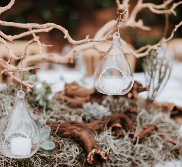 Driftwood & Succulents Centrepiece | Natural Wedding at Northbrook Park, Surrey | Green Antlers Photography | Gione Da Silva Film