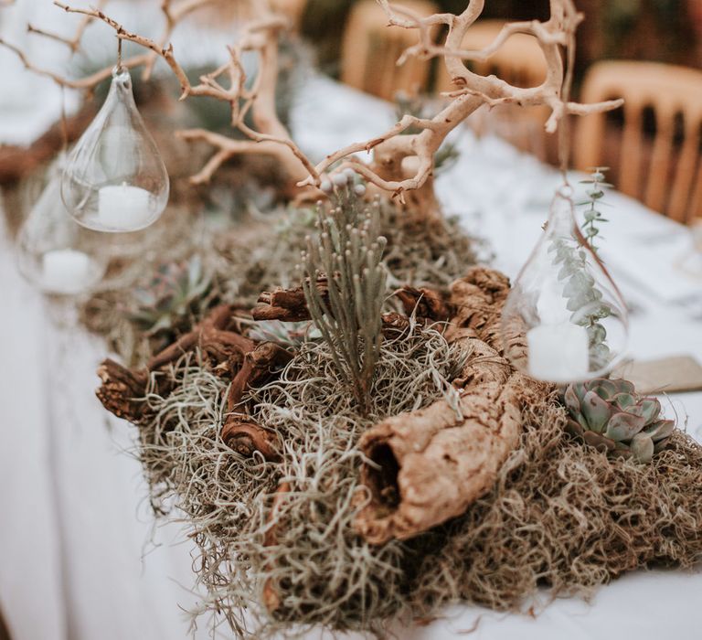 Driftwood & Succulents Centrepiece | Natural Wedding at Northbrook Park, Surrey | Green Antlers Photography | Gione Da Silva Film