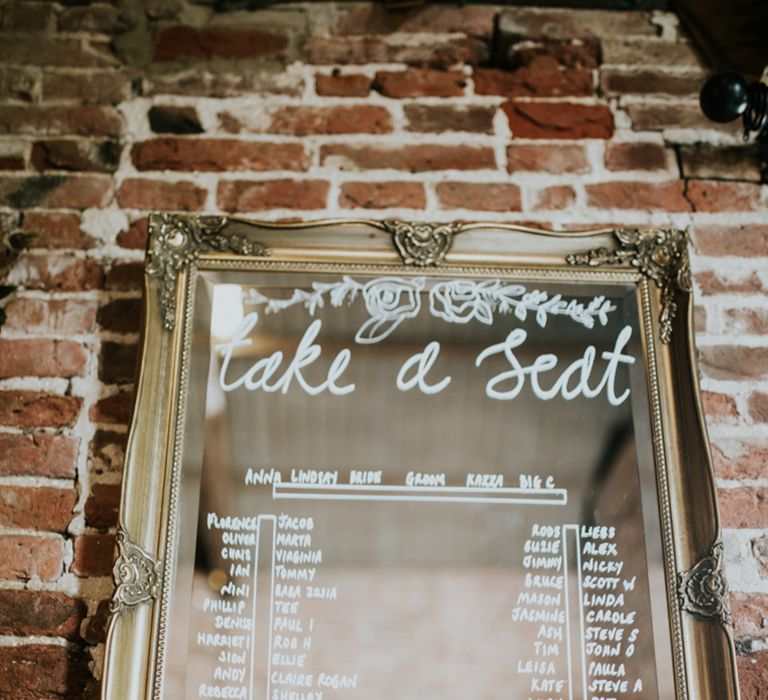 Etched Mirror Table Plan | Fishley Hall Rustic Barn Wedding | Darina Stoda Photography