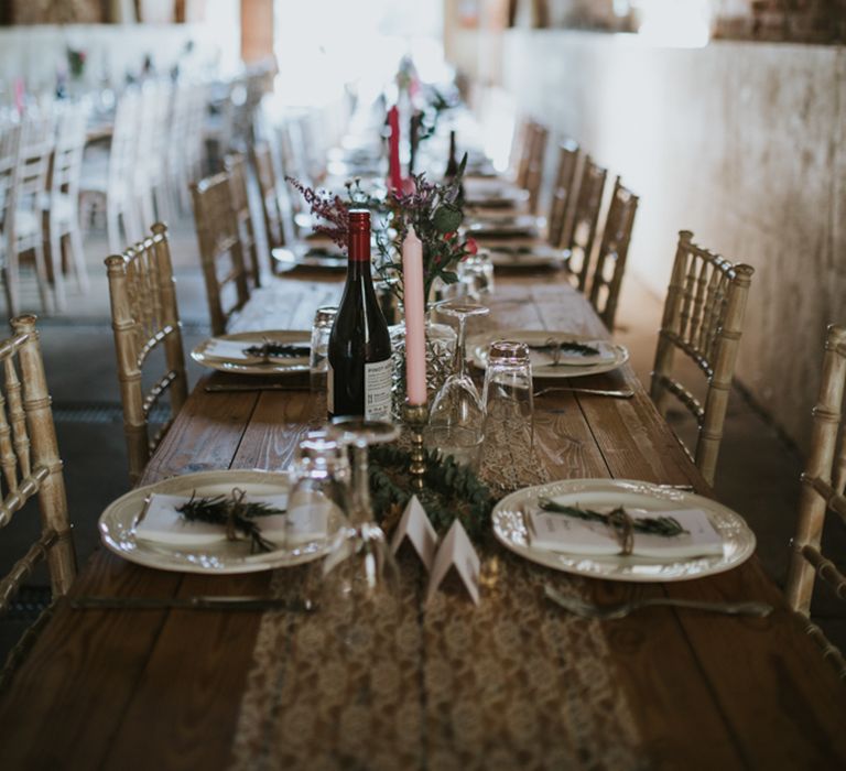 Trestle Tablescape | Fishley Hall Rustic Barn Wedding | Darina Stoda Photography