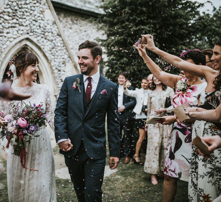 Confetti Moment | Bride in Katya Katya Gown | Groom in Ted Baker Suit | Fishley Hall Rustic Barn Wedding | Darina Stoda Photography