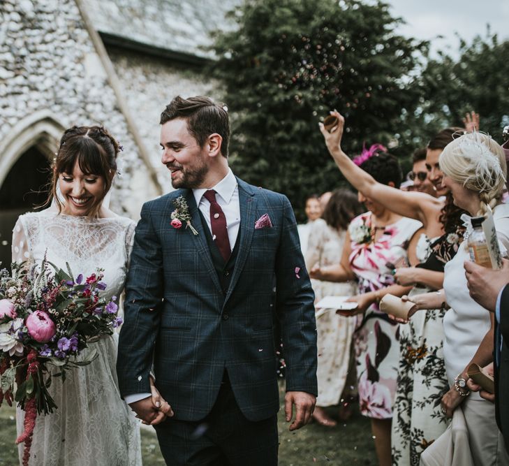 Confetti Moment | Bride in Katya Katya Gown | Groom in Ted Baker Suit | Fishley Hall Rustic Barn Wedding | Darina Stoda Photography