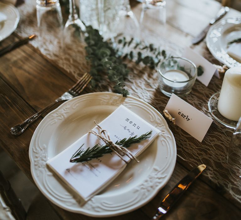 Elegant Place Setting | Fishley Hall Rustic Barn Wedding | Darina Stoda Photography