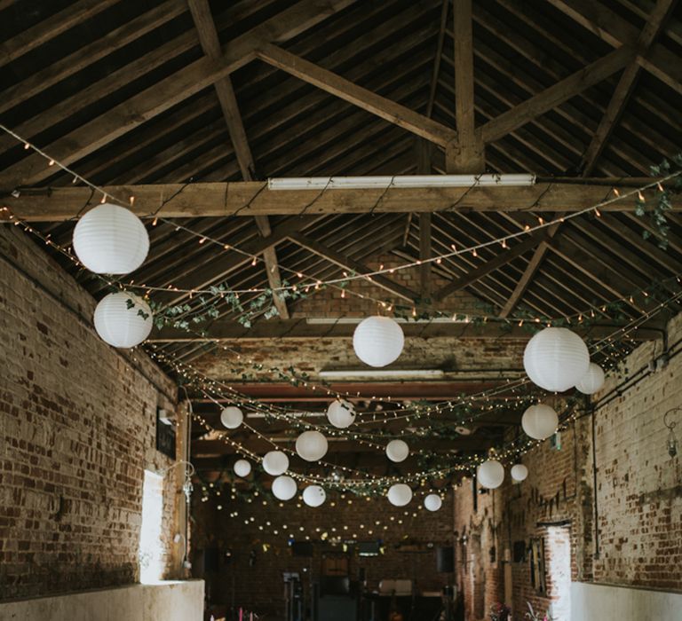 String Lights | Hanging Paper Lanterns | Fishley Hall Rustic Barn Wedding | Darina Stoda Photography