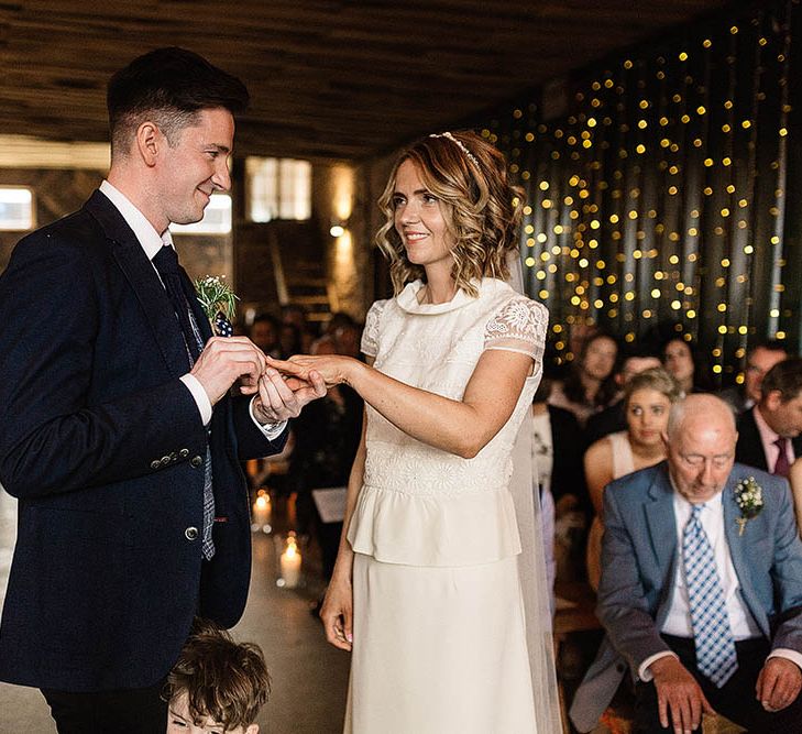 Bride In Bespoke Silk Cami & Skirt By Emma Beaumont At Owen House Wedding Barn With Bridesmaids In Blush Pink & Images From Paul Joseph Photography