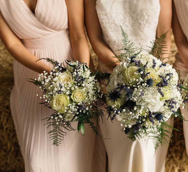 Bride In Bespoke Silk Cami & Skirt By Emma Beaumont At Owen House Wedding Barn With Bridesmaids In Blush Pink & Images From Paul Joseph Photography