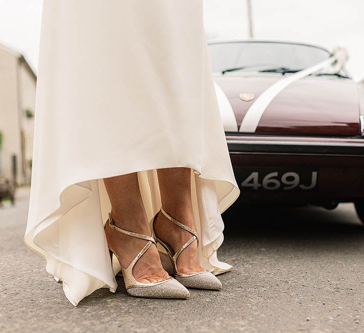 Bride In Bespoke Silk Cami & Skirt By Emma Beaumont At Owen House Wedding Barn With Bridesmaids In Blush Pink & Images From Paul Joseph Photography