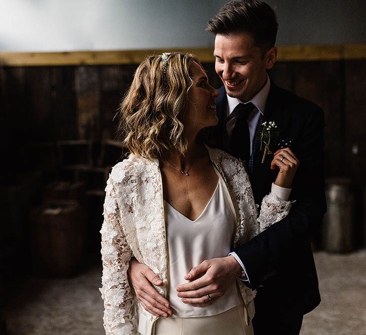 Bride In Bespoke Silk Cami & Skirt By Emma Beaumont At Owen House Wedding Barn With Bridesmaids In Blush Pink & Images From Paul Joseph Photography