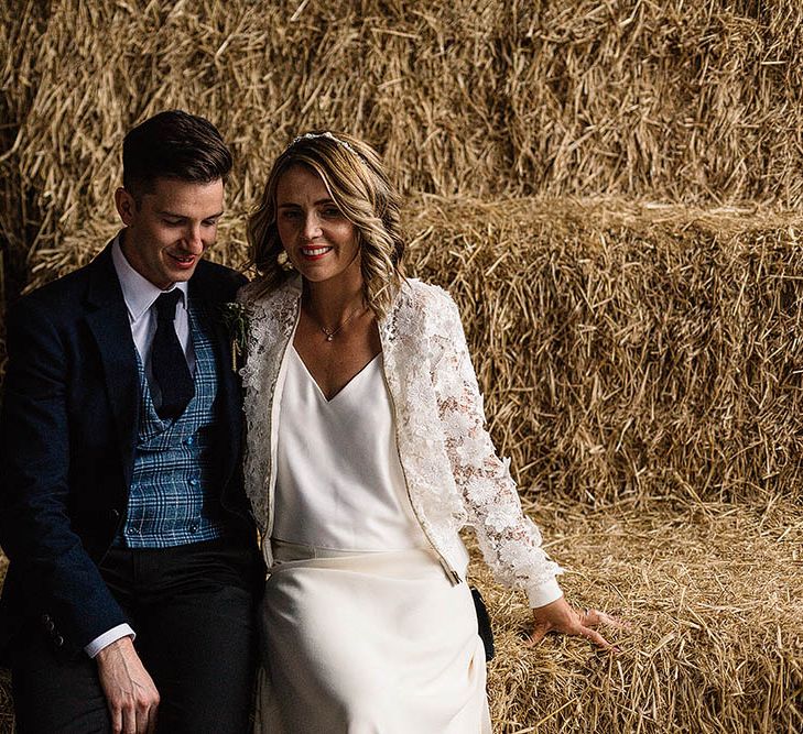 Bride In Bespoke Silk Cami & Skirt By Emma Beaumont At Owen House Wedding Barn With Bridesmaids In Blush Pink & Images From Paul Joseph Photography