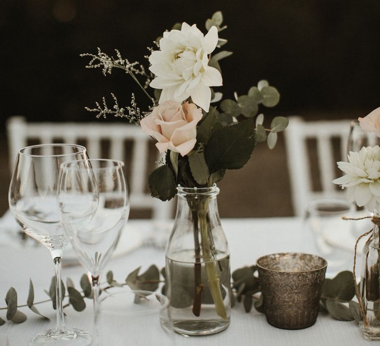 White Linen, Pink & Green Flowers With Olive Branches For Wedding Decor // Elegant Destination Wedding In Tuscany At San Galgano Abbey With Bride In Bespoke Dress By Madame Paulette With Images From James Frost Photography