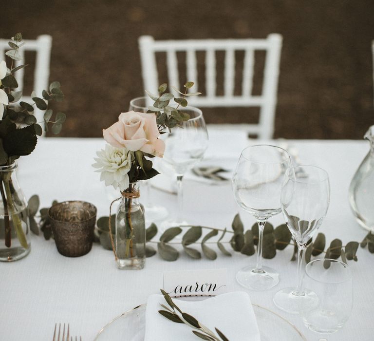 White Linen, Pink & Green Flowers With Olive Branches For Wedding Decor // Elegant Destination Wedding In Tuscany At San Galgano Abbey With Bride In Bespoke Dress By Madame Paulette With Images From James Frost Photography