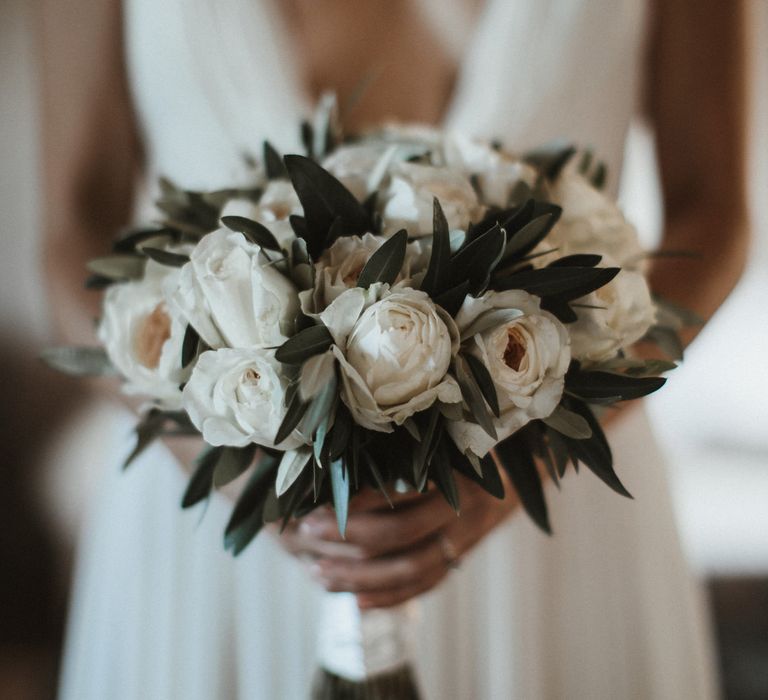 White Rose Wedding Bouquet // Elegant Destination Wedding In Tuscany At San Galgano Abbey With Bride In Bespoke Dress By Madame Paulette With Images From James Frost Photography