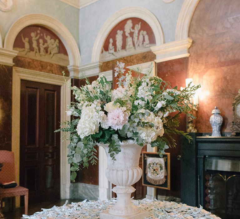 White Floral Arrangement | Classic Blue & White Wedding at Prestwold Hall in Loughborough | Georgina Harrison Photography