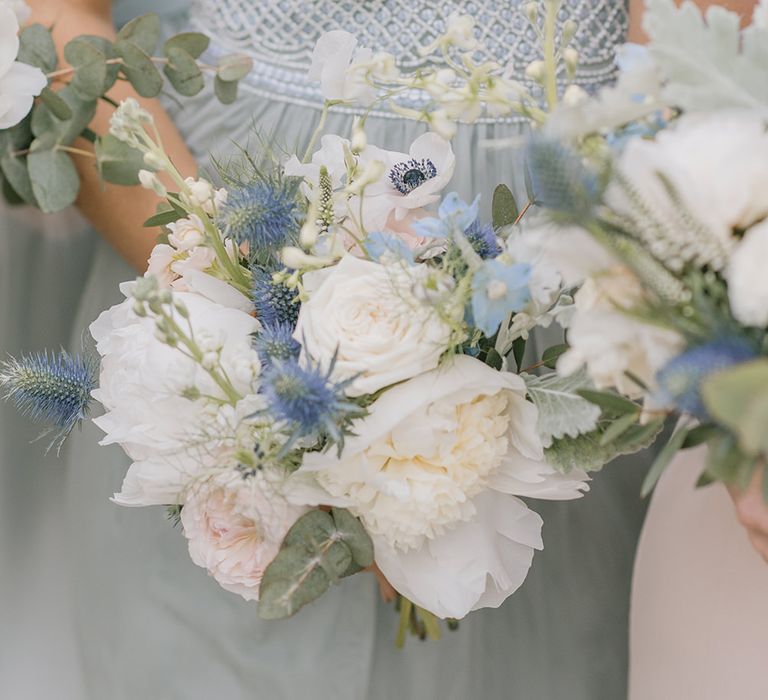 Delicate White & Blue Bouquet | Classic Blue & White Wedding at Prestwold Hall in Loughborough | Georgina Harrison Photography