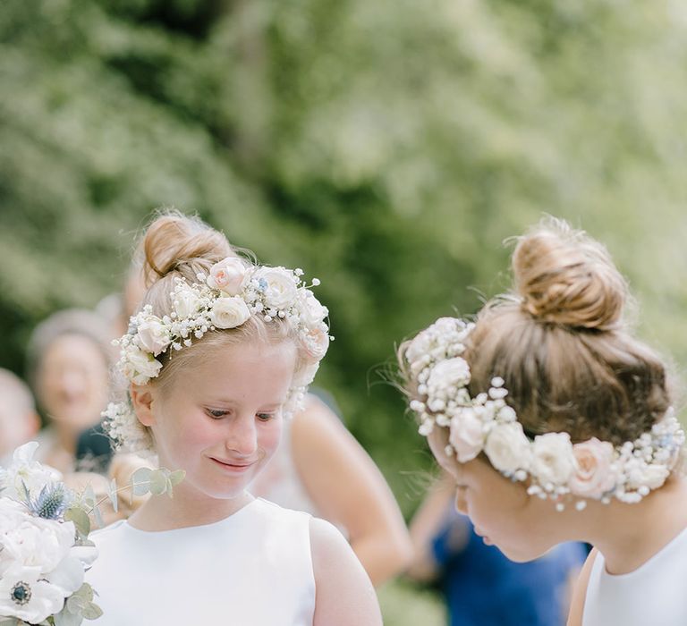 Flower Girls with Flower Crowns | Classic Blue & White Wedding at Prestwold Hall in Loughborough | Georgina Harrison Photography