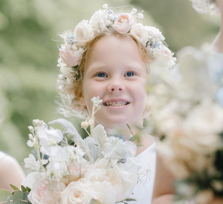 Flower Crown | Classic Blue & White Wedding at Prestwold Hall in Loughborough | Georgina Harrison Photography