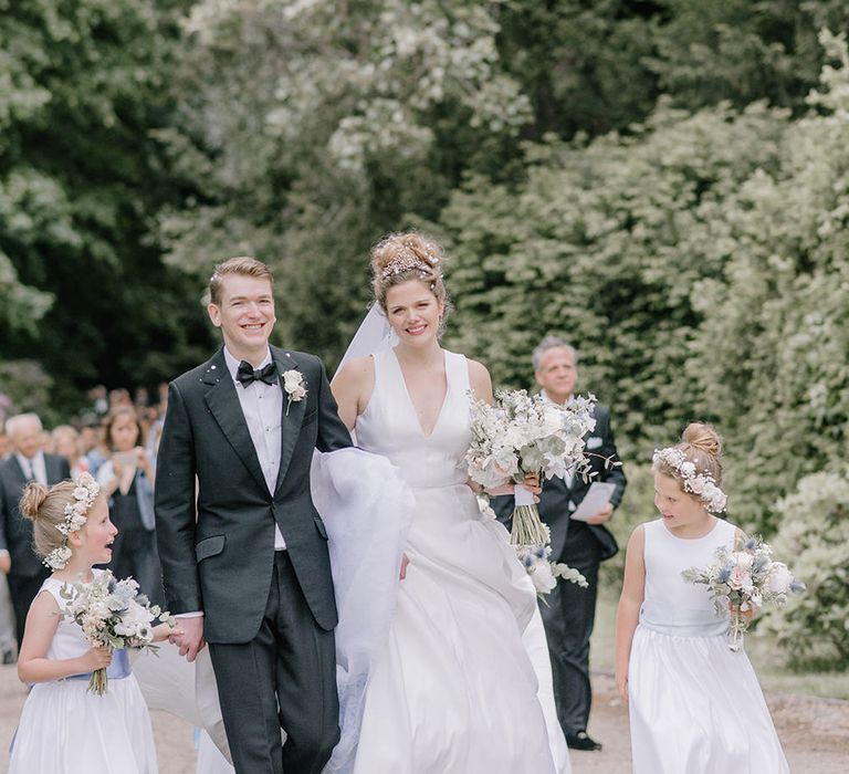 Bride, Groom & Flower Girls | Classic Blue & White Wedding at Prestwold Hall in Loughborough | Georgina Harrison Photography