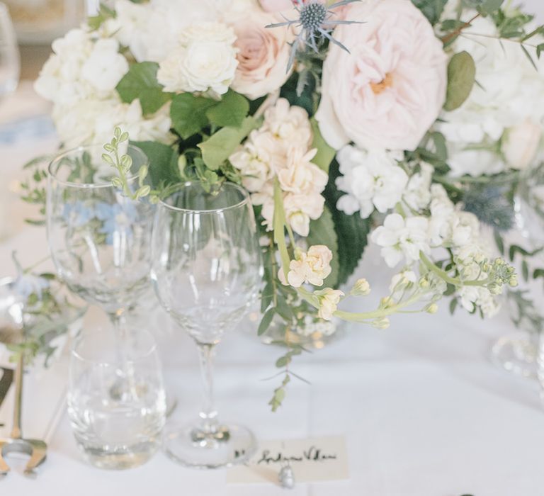 Elegant Place Setting | Classic Blue & White Wedding at Prestwold Hall in Loughborough | Georgina Harrison Photography