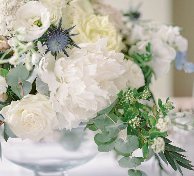 Floral Centrepiece | Classic Blue & White Wedding at Prestwold Hall in Loughborough | Georgina Harrison Photography