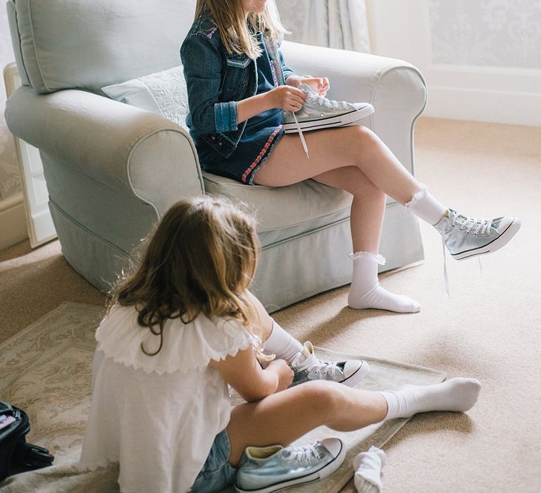 Flower Girls with Blue Converse | Classic Blue & White Wedding at Prestwold Hall in Loughborough | Georgina Harrison Photography