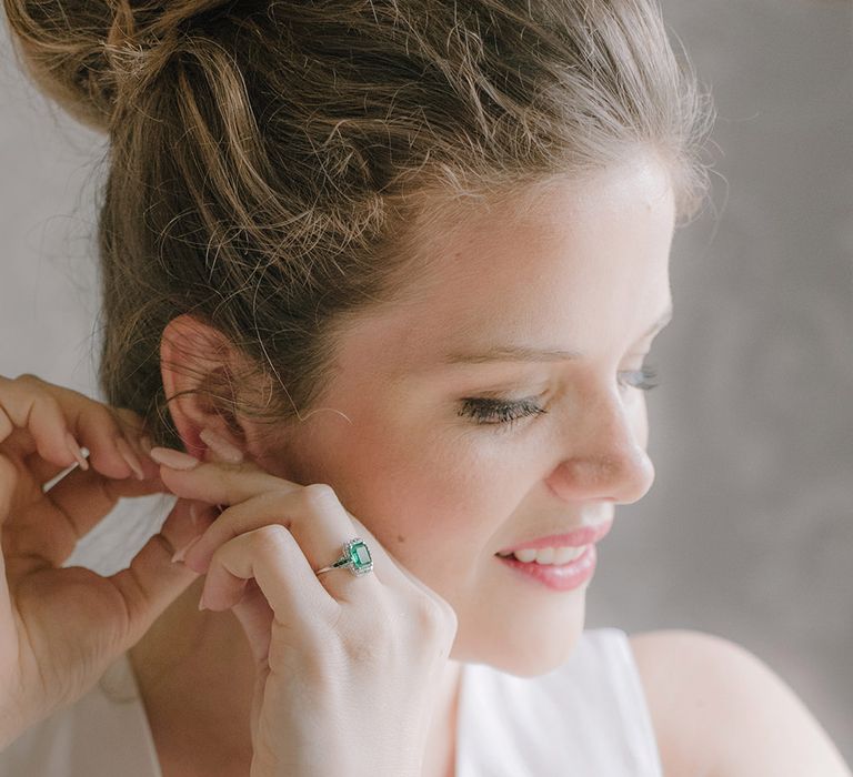 Bride with Emerald Ring | Classic Blue & White Wedding at Prestwold Hall in Loughborough | Georgina Harrison Photography