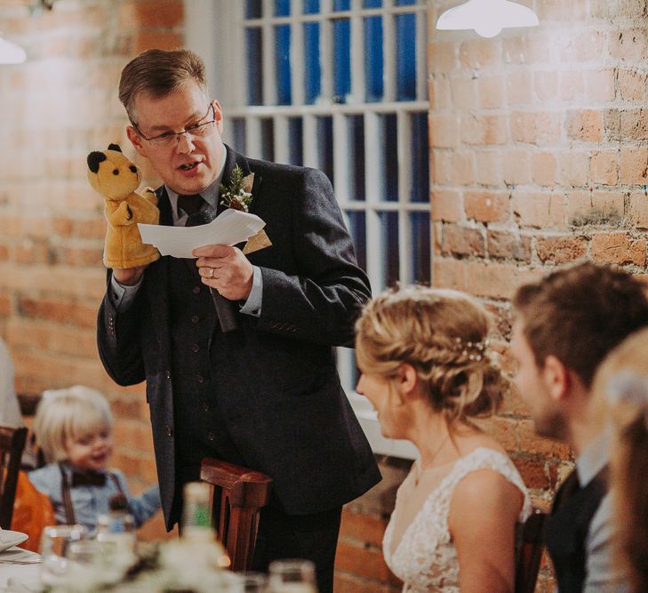 Winter Wedding At The West Mill Derby With Bride In Wtoo By Watters And Groom In Blue Tweed Suit From Next With Images By Bloom Photography