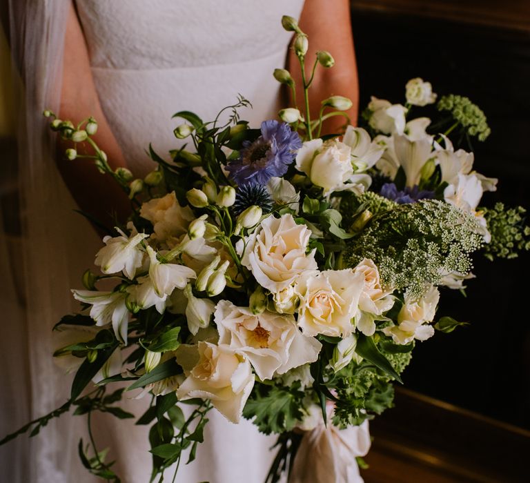 White & Blue Bridal Bouquet | Bright Festival Themed At Home Wedding in a Tipi | McGivern Photography