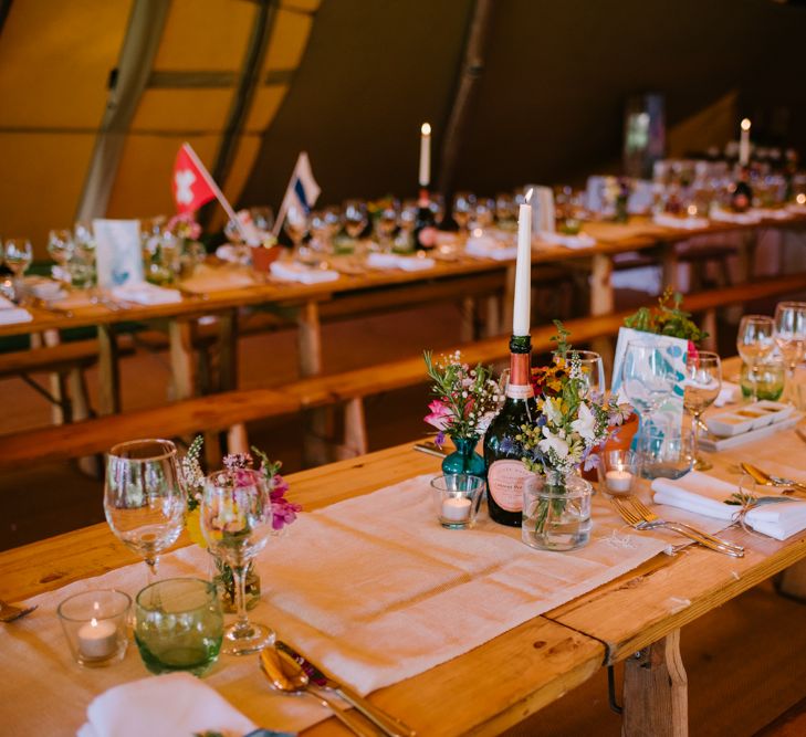 Rustic Table Scape with DIY Decor & Wild Floral Arrangements | Bright Festival Themed At Home Wedding in a Tipi | McGivern Photography