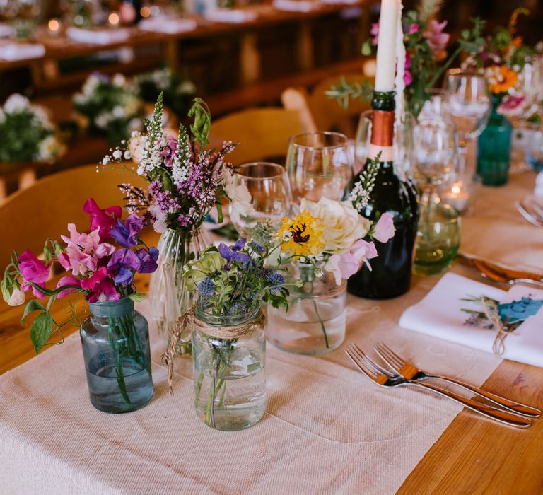 Wild Flowers in Jars | Wedding Decor | Bright Festival Themed At Home Wedding in a Tipi | McGivern Photography