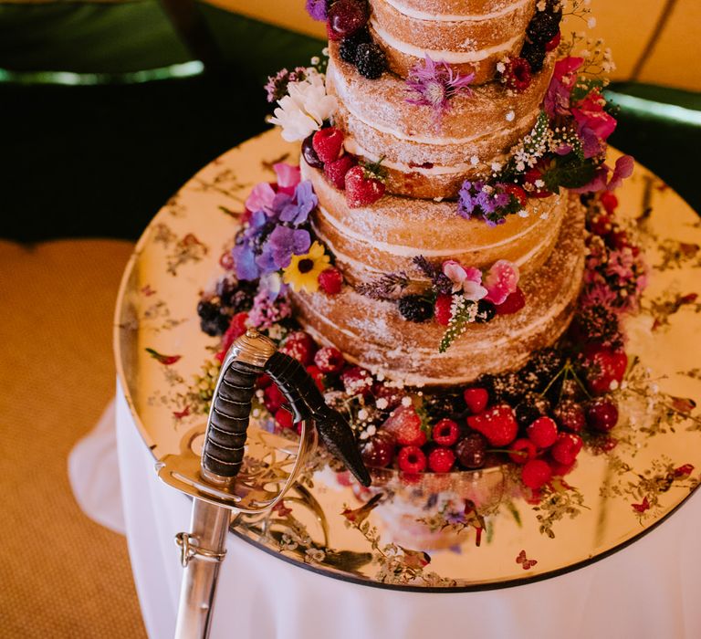 Naked Wedding Cake with Fruit Decor | Bright Festival Themed At Home Wedding in a Tipi | McGivern Photography