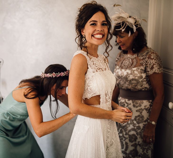 Bride in Yolan Cris Lace Gown | Wedding Morning Preparations | Outdoor Destination Wedding at Château De Malliac Planned by Country Weddings in France | Styling by The Hand-Painted Bride | Samuel Docker Photography | Marriage in Motion Films