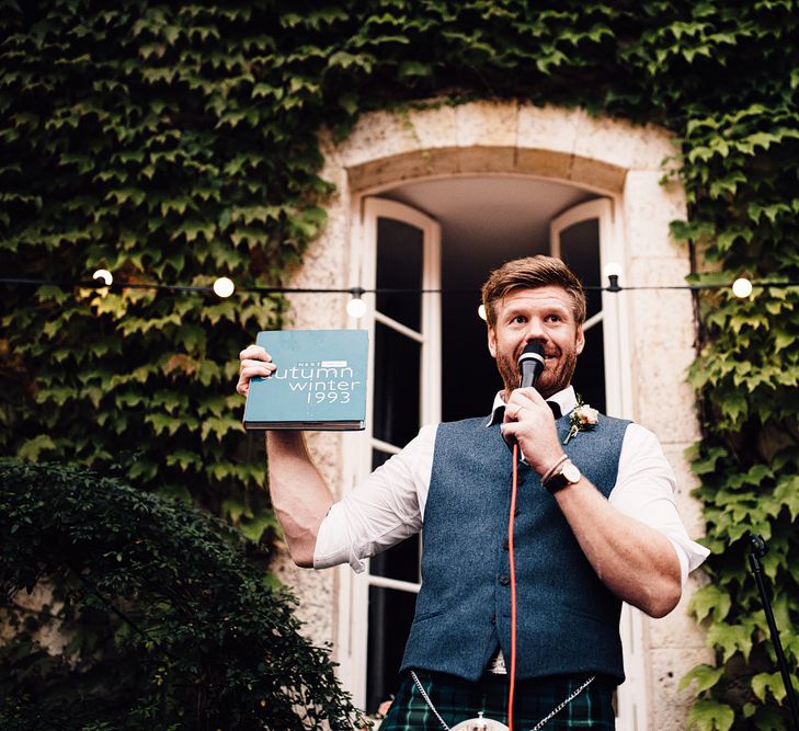 Wedding Speeches | Groom in Tartan Kilt | Outdoor Destination Wedding at Château De Malliac Planned by Country Weddings in France | Styling by The Hand-Painted Bride | Samuel Docker Photography | Marriage in Motion Films