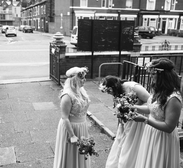 Bridesmaids in Gold Dresses & Flower Crowns