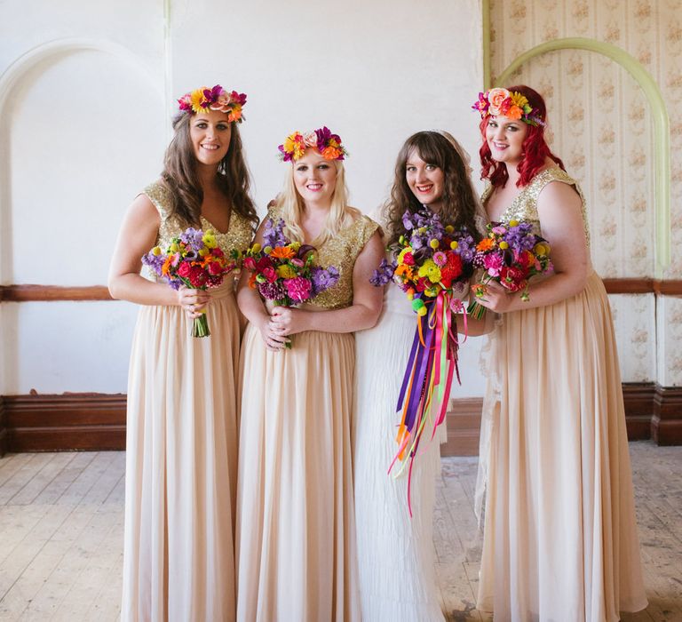 Bridesmaids in Gold Dresses & Colourful Bouquets