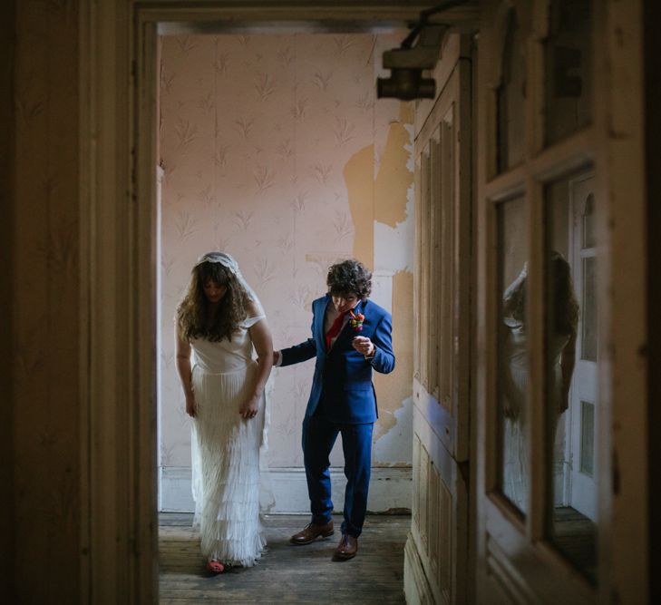 Bride in Charlie Brear Wedding Dress & Colourful Bouquet