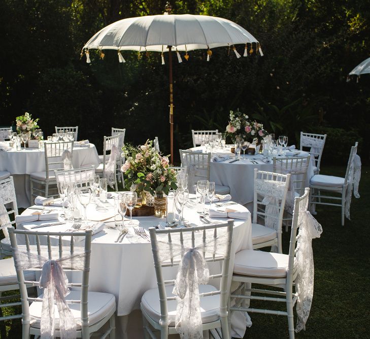 Romantic Outdoor Reception at Casa Del Rio Spain with Parasol Decor | Planned by Rachel Rose Weddings | Radka Horvath Photography