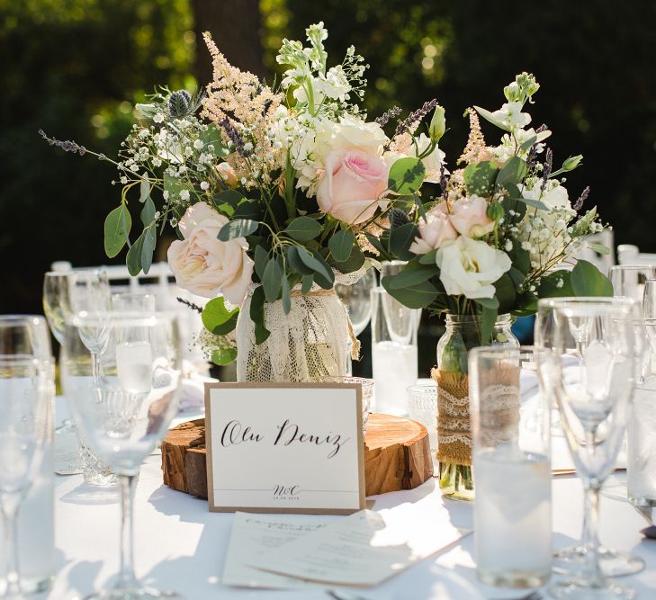 rustic Tree Slice & Flowers in Jars Centrepiece | Planned by Rachel Rose Weddings | Radka Horvath Photography