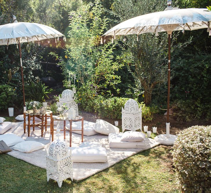 Seating Area with Lanterns, Parasols & Cushions | Planned by Rachel Rose Weddings | Radka Horvath Photography