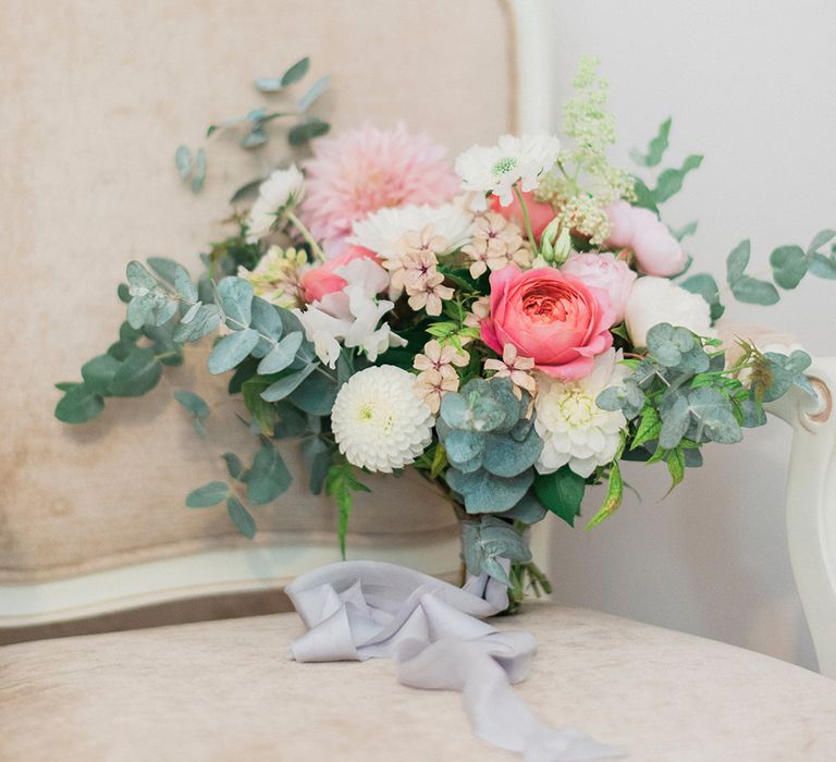 Romantic Bridal Bouquet with Roses, Dahlias & Eucalyptus | Pink & Coral Country Wedding at Crabbs Barn, Essex | Kathryn Hopkins Photography | Film by Colbridge Media Services Ltd