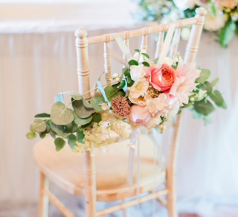 Pink & Coral Chair Back Wedding Flowers | Pink & Coral Country Wedding at Crabbs Barn, Essex | Kathryn Hopkins Photography | Film by Colbridge Media Services Ltd