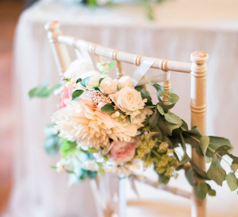 Pink & Coral Chair Back Wedding Flowers | Pink & Coral Country Wedding at Crabbs Barn, Essex | Kathryn Hopkins Photography | Film by Colbridge Media Services Ltd