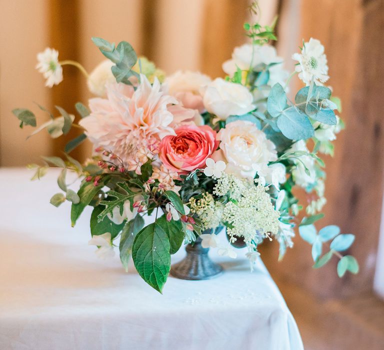 Pink & Coral Floral Arrangement | Pink & Coral Country Wedding at Crabbs Barn, Essex | Kathryn Hopkins Photography | Film by Colbridge Media Services Ltd