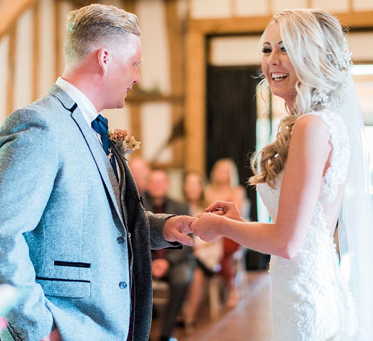 Wedding Ceremony | Bride in Lace Enzoani 'Inaru' Bridal Gown | Groom in Grey Wool Master Debonair Suit | Pink & Coral Country Wedding at Crabbs Barn, Essex | Kathryn Hopkins Photography | Film by Colbridge Media Services Ltd