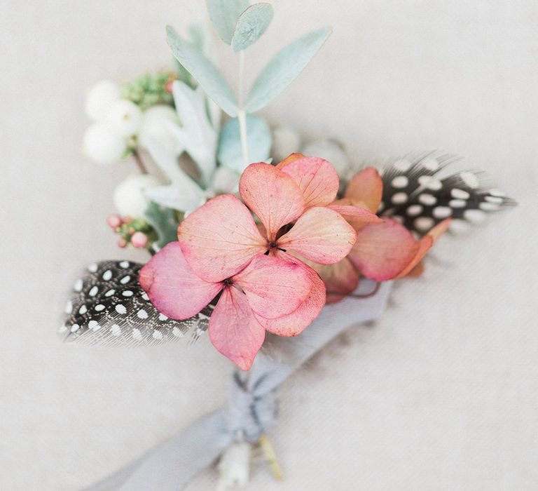 Pink Hydrangea Bottonhole | Pink & Coral Country Wedding at Crabbs Barn, Essex | Kathryn Hopkins Photography | Film by Colbridge Media Services Ltd