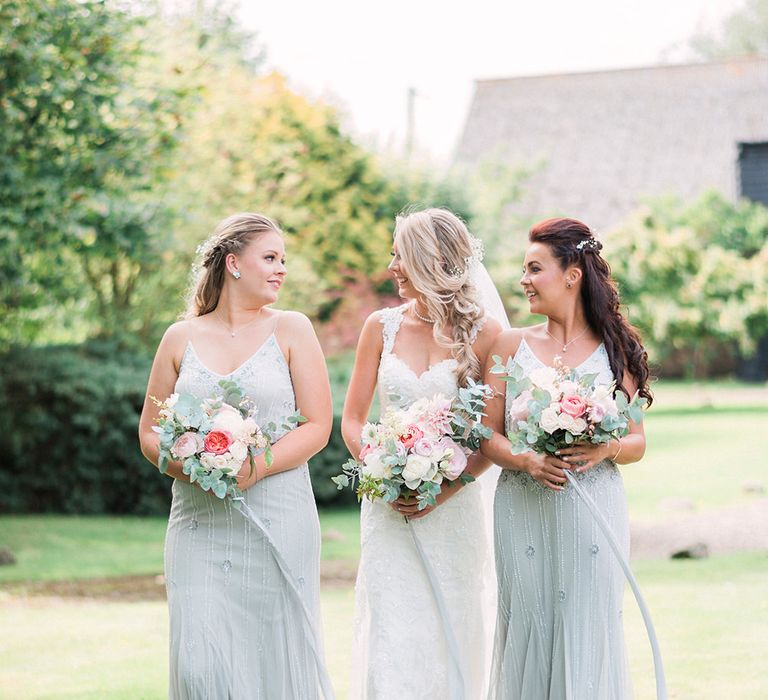 Bride in Lace Enzoani 'Inaru' Bridal Gown | Bridesmaids in Grey Embellished ASOS Dresses | Pink & Coral Country Wedding at Crabbs Barn, Essex | Kathryn Hopkins Photography | Film by Colbridge Media Services Ltd